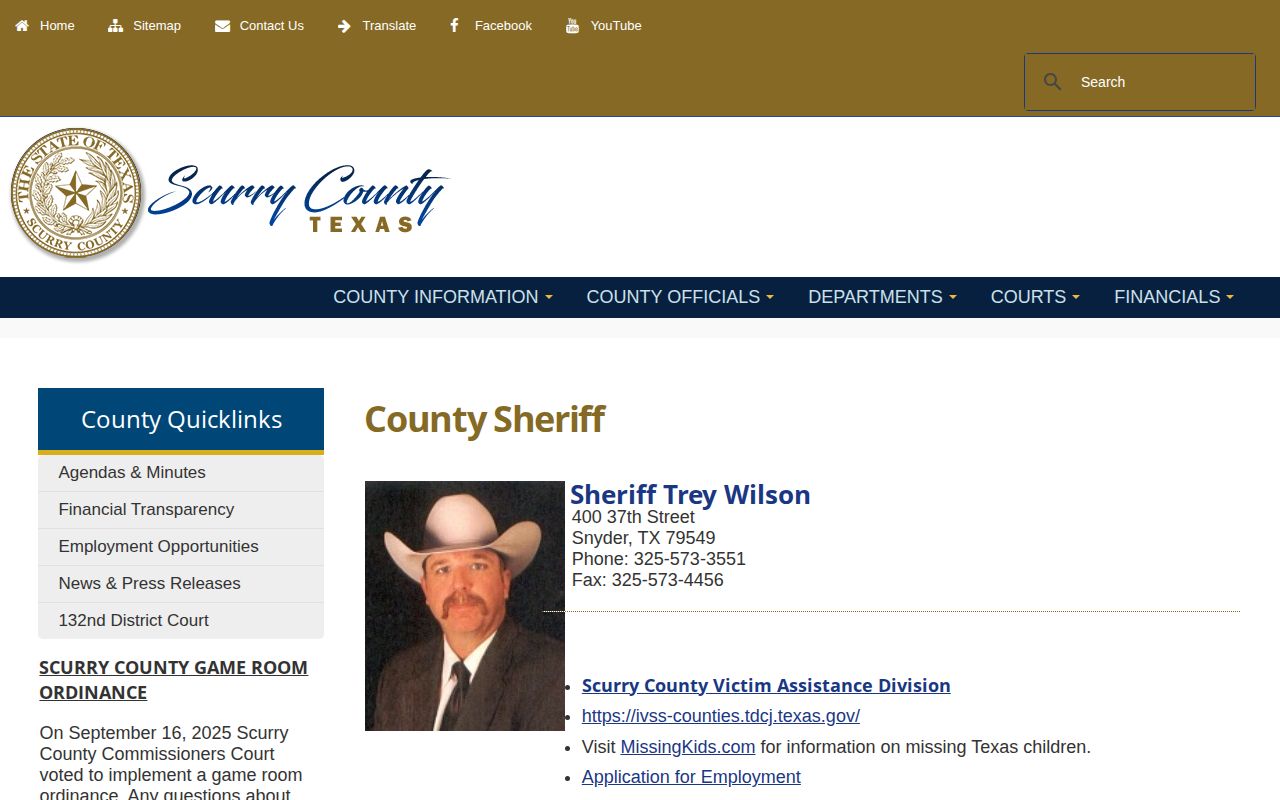 Scurry County booking record request information on the Sheriff page
