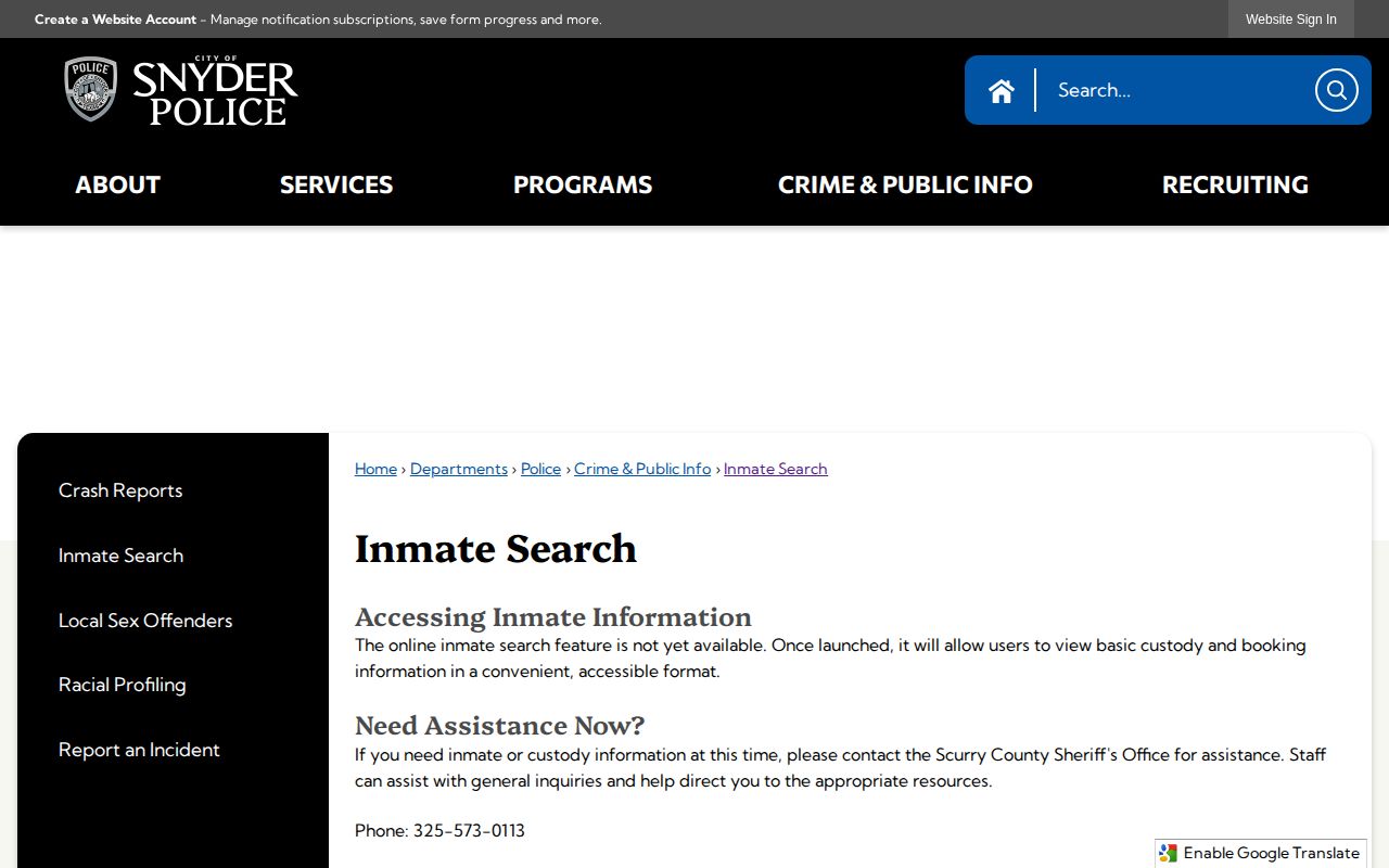 Snyder official inmate-search availability notice for custody and booking records